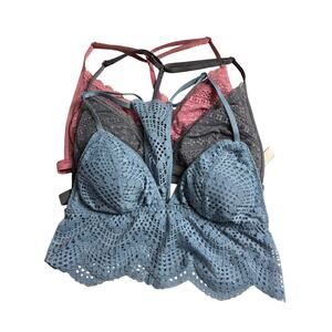 Victoria's Secret 3 Pc Bundle Lace Bralette Size Small Pink Blue Gray